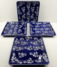 4 Temp-Tations Floral Lace Blue Square Dinner Plates Set White Flowers Dish Lot - £116.19 GBP