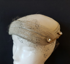 Vintage Felt Hat Cream Silver Skull Cap 1950s Veil Wrapped Pins Church W... - $18.22