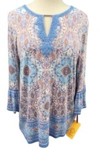 RUBY Rd Women’s Blouse Large Paisley Blue Pink Floral 3/4 Sleeve Embelli... - $29.00