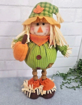 Fall Scarecrow Doll Shelf Sitter Pumpkin Standing Wood Beads Home Decor ... - £12.07 GBP