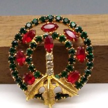 Stunning Vintage Crystal Wreath Brooch, Red and Green with Golden Holly ... - $30.96