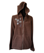 Ladies&#39; Fleece Jacket, Brown w Blue/White Embroidery &amp; Floral Trim at Ne... - $24.97