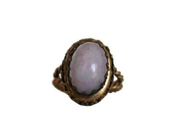 Vtg pink polished stone cabochon brass tone braided open band adjustable... - $14.99