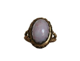 Vtg pink polished stone cabochon brass tone braided open band adjustable... - £11.87 GBP