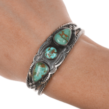 6.25&quot; c1930&#39;s Navajo stamped silver twisted wire cuff bracelet with turquoise - £641.80 GBP