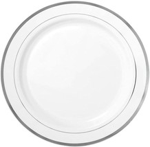 White Premium Plastic Round Plates With Silver Trim - 10.25&quot; (10 Pcs) - Elegant  - £21.57 GBP