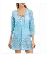Lace Up Swim Cover Up Tunic Stretch Side Slits V Neck Semi Sheer Size L - $14.71