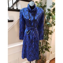 Vintage Caron Chicago Sheath Dress S Blue Patterned Cowl Neck Tie Waist Back Zip - $57.42