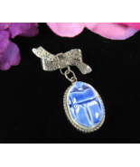 Vintage BLUE CERAMIC SCARAB PIN Bow Brooch Silvertone Dangle Charm 1 3/4&quot; - $17.81