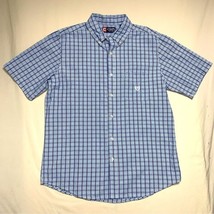 CHAPS Shirt Men&#39;s Medium Blue Plaid Preppy Cotton Short Sleeve Button Up Casual - £14.21 GBP