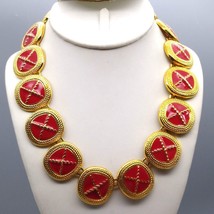 Retro Power Necklace, Vintage Red and Gold Tone with Linked Enamel Panels - £39.57 GBP