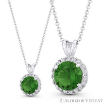 Round Cut Simulated Emerald &amp; Cubic Zirconia Crystal Halo Pendant 14k White Gold - £53.78 GBP+