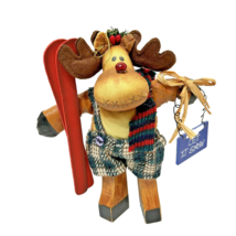 Vintage Skiing Reindeer Christmas Ornament Plush Wood Let It Snow 8&quot; Tall - £8.60 GBP