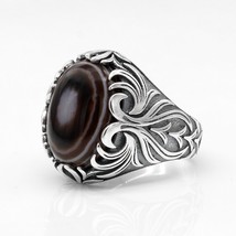Natural Agate Ring for Men 925 Sterling Silver Evil Eye Gemstone Ring  for Male  - £40.36 GBP