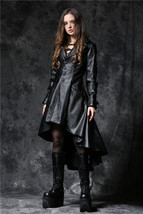 Women&#39;s Vegan Leather Goth Coat Black Pleather Dovetail Hooded Fetish Ja... - $90.71