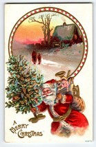 Santa Claus Christmas Postcard Saint Nick X-mas Tree Toys Country Cottage 1909 - £12.64 GBP