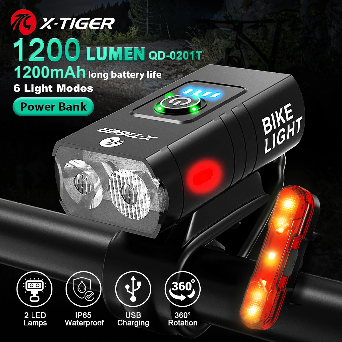 X-TIGER Cycling Headlight Waterproof Bike Light 1200 mAh USB Rechargeable LED Bi - £84.33 GBP