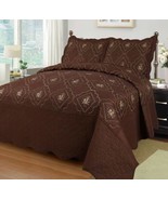 ANNA FLOWERS EMBROIDERED COFFEE SOLID BEDSPREAD COVERLET SET 3 PCS KING ... - £43.06 GBP