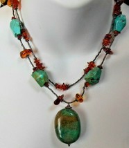 Turquoise &amp; Amber Pendant Necklace  925 Sterling Silver 17&quot; - $123.75