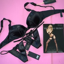Victoria&#39;s Secret Designer Collection 36B/34C BRA SET S thong SATIN black tuxedo - £149.05 GBP