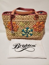 Brighton Shelby Straw Rattan &amp; Embossed Croc Leather Floral Handbag Purse - $74.25