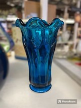 Vintage Viking Double Crimped Vase Blunique Bluenique Blue Art Glass MCM - £46.46 GBP