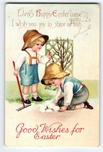 Easter Postcard Ellen Clapsaddle Boy With Rake Girl Gathers Eggs In Garden 145 - £10.65 GBP