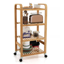 4-Tier Kitchen Serving Trolley Cart Mobile Bamboo Storage Shelf Lockable Casters - £87.89 GBP