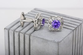 14k White Gold Over 2.50Ct Round Cut Simulated Amethyst Cluster Cufflink... - £85.65 GBP