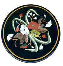 Black Marble Round Carnelian Inlay Floral Marquetry Arts Coffee Table Home Decor - £421.55 GBP+