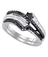 Sterling Silver Round Black Diamond Bridal Wedding Engagement Ring Set 5... - $272.73 CAD