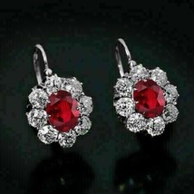 14k White Gold Plated 2.10Ct Oval Simulated Red Ruby Hoop Earrings Birthday Gift - £66.50 GBP