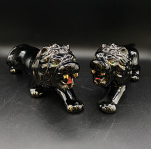 Japanese Red Ware Ceramic Black Gold Lion 12” Green Jewel Eyes Pair 2 - $89.10