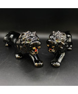 Japanese Red Ware Ceramic Black Gold Lion 12” Green Jewel Eyes Pair 2 - £62.13 GBP