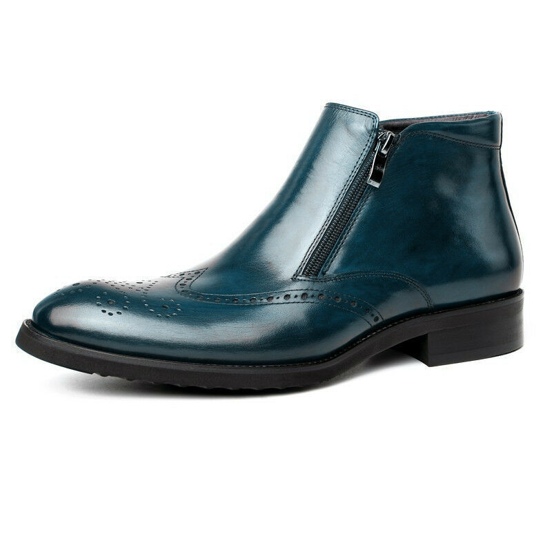 Men's Blue Leather Double Zipper Wing Tip Brogue Toe Black Sole Boots