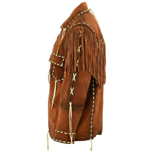 Mens Western Cowboy Suede Leather Shirt Brown Jacket with Fringes Red In... - $149.99