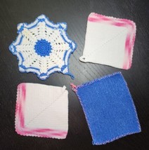 4 Hand Crochet Farmhouse Pink and Blue Cotton Pot Holders &amp; Hot Pads Vin... - £22.60 GBP