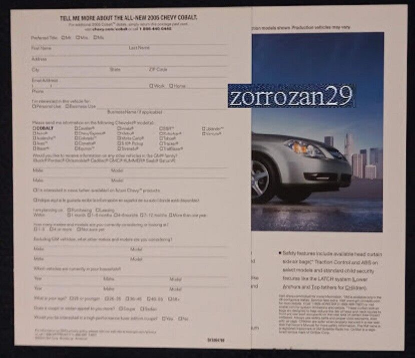 2005 CHEVROLET COBALT AUTO SHOW VINTAGE COLOR VERKAUFSPROSPEKT – USA –... - $6.34