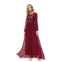 Long-sleeve Chiffon Sequins Cocktail Dress A-line O-neck Evening Robe Elagant Wo - £101.32 GBP