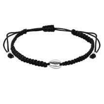 Beachy Cowrie Shell Sterling Silver Black Cotton Rope Adjustable Bracelet - £10.11 GBP