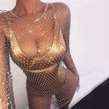 Bling Rhinestones Fishnet Mini Dress Women Sexy Bodycon Long Sleeve - £33.98 GBP+