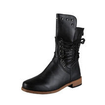 New Ladies Riding Boots Mid-Tube Lace-Up Boots Fall Winter Willow Studs Low-Heel - £40.46 GBP