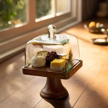 Dessert Cake Stand Glass with Wooden Base Square 14.5 x 14.5 x 22.75 cm - £57.01 GBP