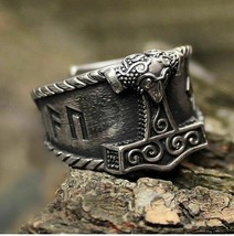Antique Style, 316L Stainless Steel, Mjolnir (Thor&#39;s Hammer) Theme Ring - Norse - £18.09 GBP