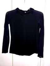 IDEOLOGY BLACK HOODED LS GIRL&#39;S PULLOVER TOP-L-NET SLEEVES-BARELY WORN-NICE - $8.59