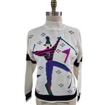 VTG 80s 90s Y2K Spice It Up 100% Acrylic Sweater White Colorful Skier Women L  - £53.43 GBP