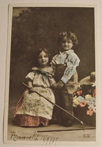 Antique 1907 Postcard Hand Colored Glaze Children With Flowers - $5.45