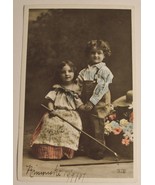 Antique 1907 Postcard Hand Colored Glaze Children With Flowers - £4.33 GBP