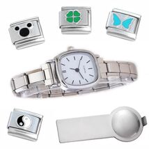 White Squircle Italian Charm Watch Bracelet with Lines Plus Tool &amp; Ename... - €16,04 EUR