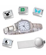 White Squircle Italian Charm Watch Bracelet with Lines Plus Tool &amp; Ename... - €16,03 EUR